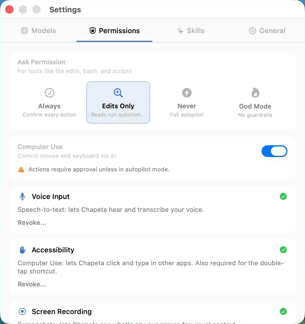 Chapeta AI menu bar app on Mac showing safety settings